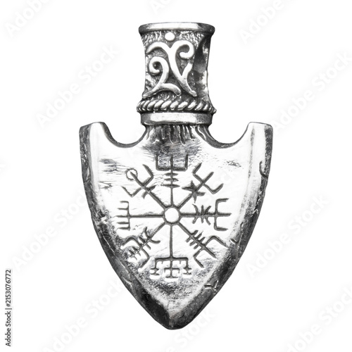 Silver spearhead or arrowhead pendant featuring Aegishjalmur or Vegvisir-inspired Nordic symbolism. Ideal as a mockup for designers, Viking jewelry concepts and product presentations