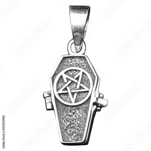 925 sterling silver coffin-shaped pendant featuring a pentagram and skeleton inside with dark occult symbolism. Ideal as a mockup for designers, gothic jewelry concepts and product presentations