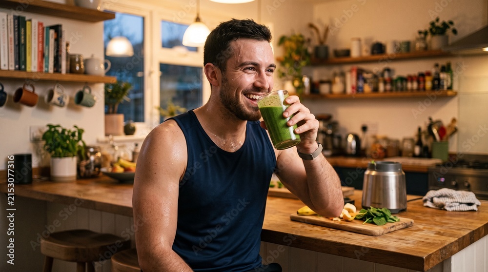 Fototapeta premium Man drinking healthy green smoothie after workout in a modern kitchen