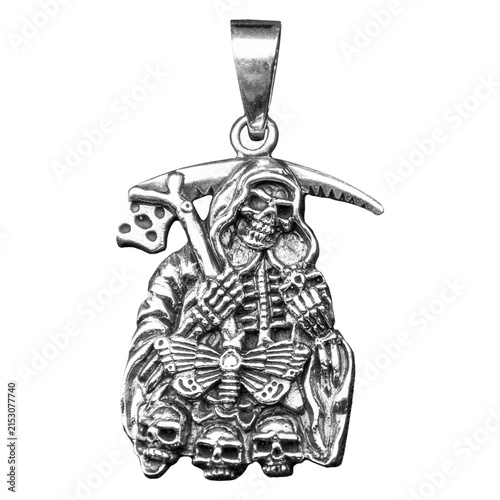 925 sterling silver pendant depicting the Grim Reaper with a scythe and skulls in dark occult symbolism. Ideal as a mockup for designers, gothic jewelry concepts and product presentations.