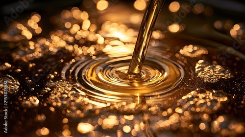 Golden liquid streams into a swirling pool, creating ripples and frothy bubbles
