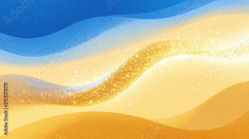 Swirling golden shimmer flows through abstract blue and yellow wavy landscape