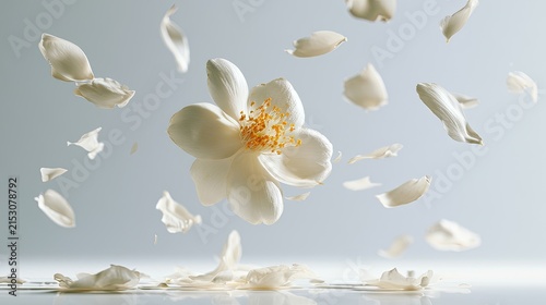 Delicate white blossom with scattered petals in a graceful, airy composition