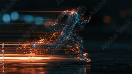 Fiery digital runner composed of particles, streaking with light trails