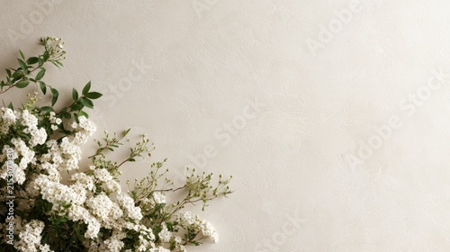 Delicate white flowers cascade across a textured, creamy backdrop