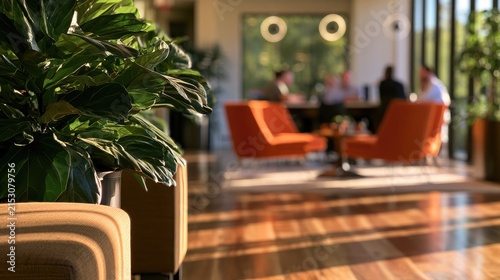 Sunlight streams into a modern office lounge with plants and seating