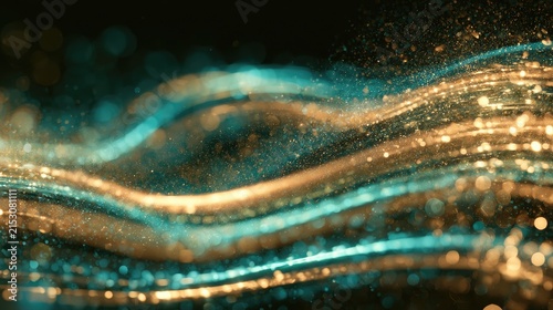Glowing golden and turquoise particles create flowing luminous waves against dark background