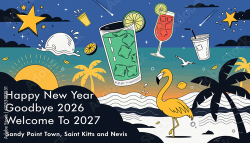 Tropical New Year Celebration: Flamingo, Cocktails, Stars, Beach Sunset - Welcome 2027