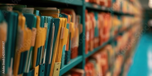 Rows of colorful files and folders arranged on shelves in a storage room
