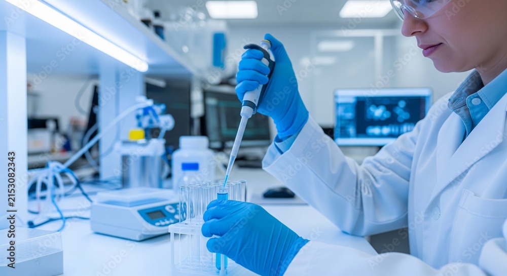 Fototapeta premium Scientist conducting precise lab experiment with pipette in modern research facility