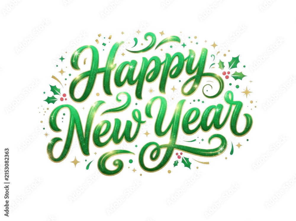 Fototapeta premium Happy new year colorful festive text design with green leaves