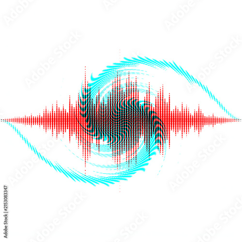 Abstract digital sound wave visualization with vibrant red and cyan colors on white background.