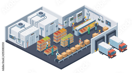 Food Cold Storage Warehouse Interior with Conveyor Line and Refrigerated Delivery Trucks