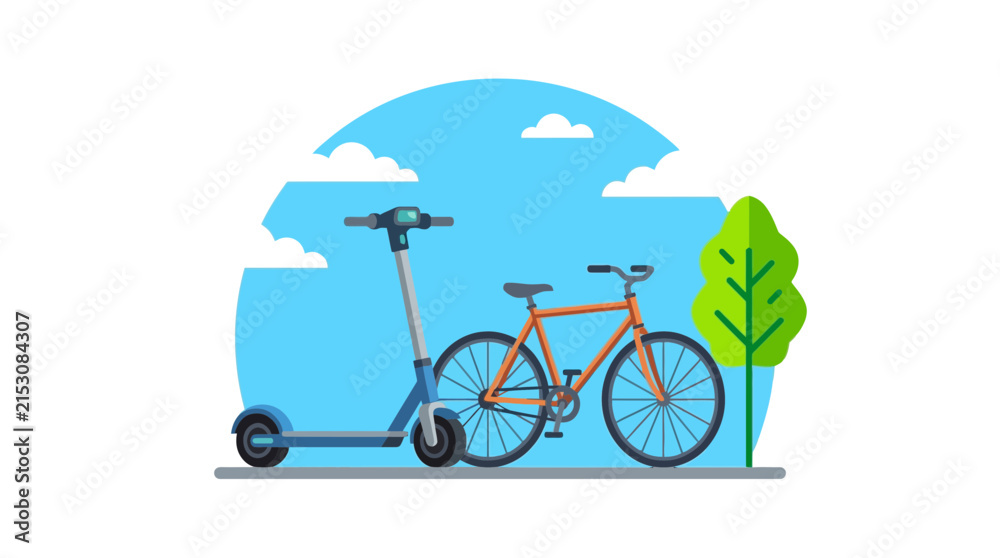 Fototapeta premium Electric scooter and bicycle for sustainable urban transport