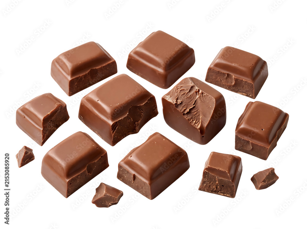 Fototapeta premium Milk Chocolate Pieces And Chunks Set Isolated On Transparent PNG Background