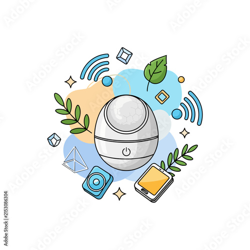 Smart home device surrounded by technology and nature elements