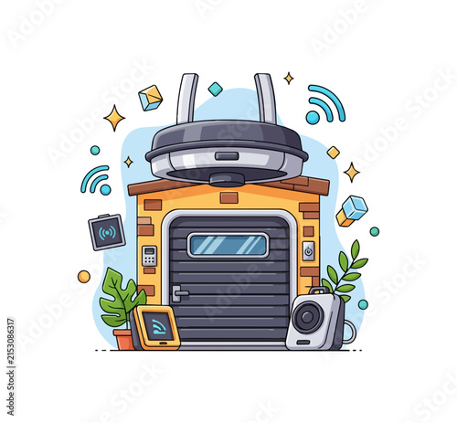 Smart home technology connected garage door automation concept
