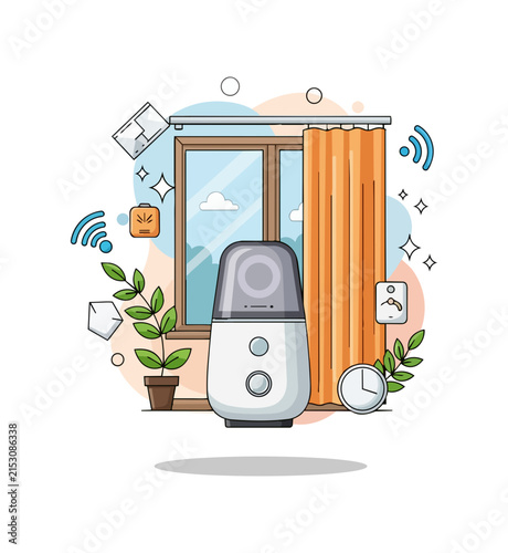 Smart home device with connected technology elements near window