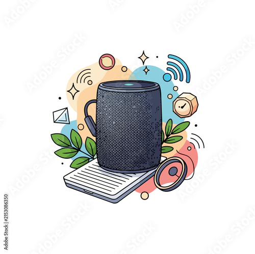 Smart speaker with digital assistant features and connectivity icons
