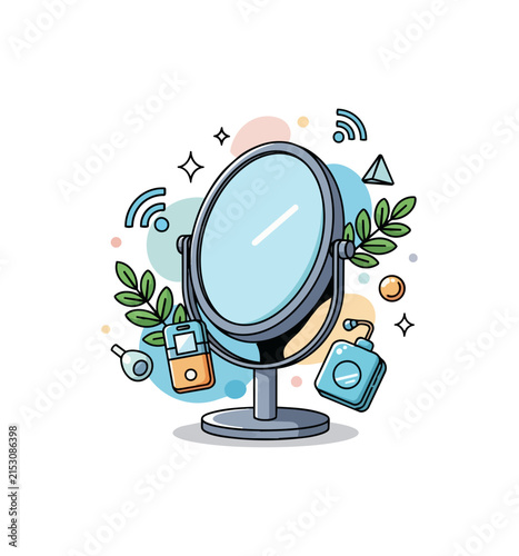 Vanity mirror with beauty accessories and cosmetic bottle