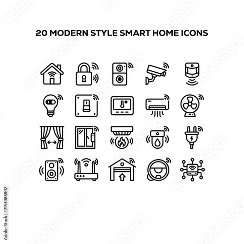 Set of 20 modern thin line smart home icons for automation and internet of things design.