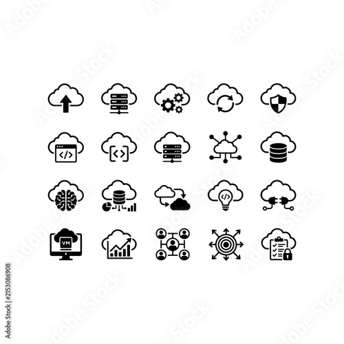Set of Cloud Computing and Data Management Vector Icons for Web and App Development