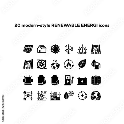 Set of 20 modern renewable energy icons for sustainable power and green technology design.