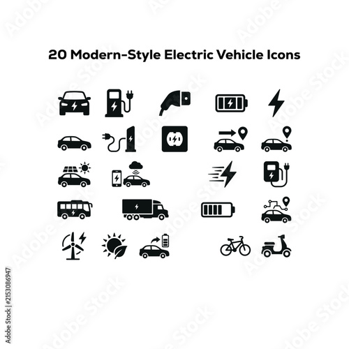 Set of 20 modern electric vehicle and charging station icons for sustainable transport design