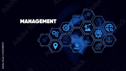 Management concept with digital hexagon and global network background, animation business