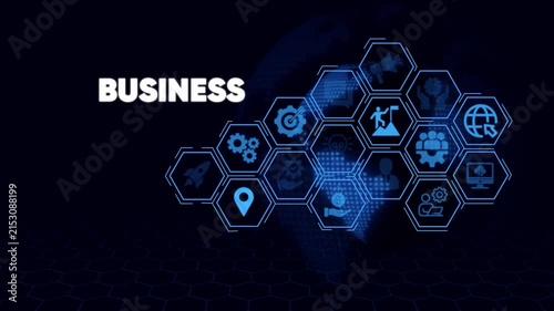 Business strategy digital network infographic with hexagonal and global data motion