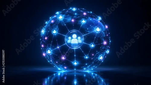 Global digital network connection concept with glowing blue earth sphere and human avatar icons
