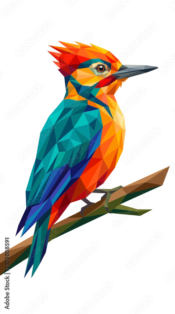 Obraz premium Colorful Geometric Bird Sitting on Branch, Isolated