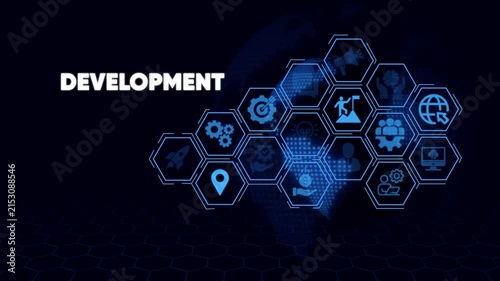 Business development concept with digital hexagon and global network motion strategy
