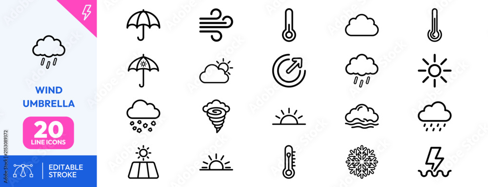 Obraz premium Atmospheric weather set. umbrella, rain, snowflake, lightning, thermometer, gust, tornado, sun, fog, cloud, precipitation, climate, education, app, design. Editable stroke. Vector illustration.