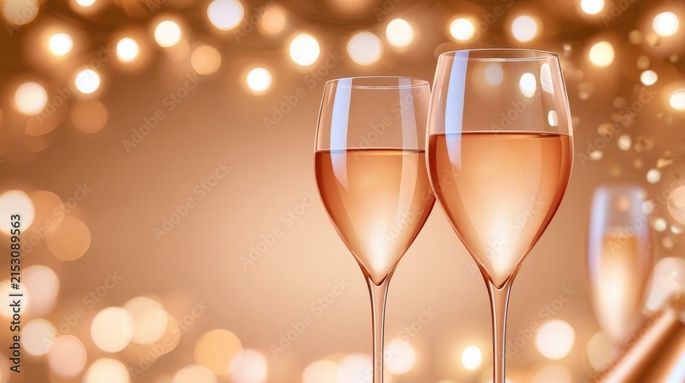 Obraz premium Two champagne glasses with rose wine against warm blurred string lights for cozy celebration