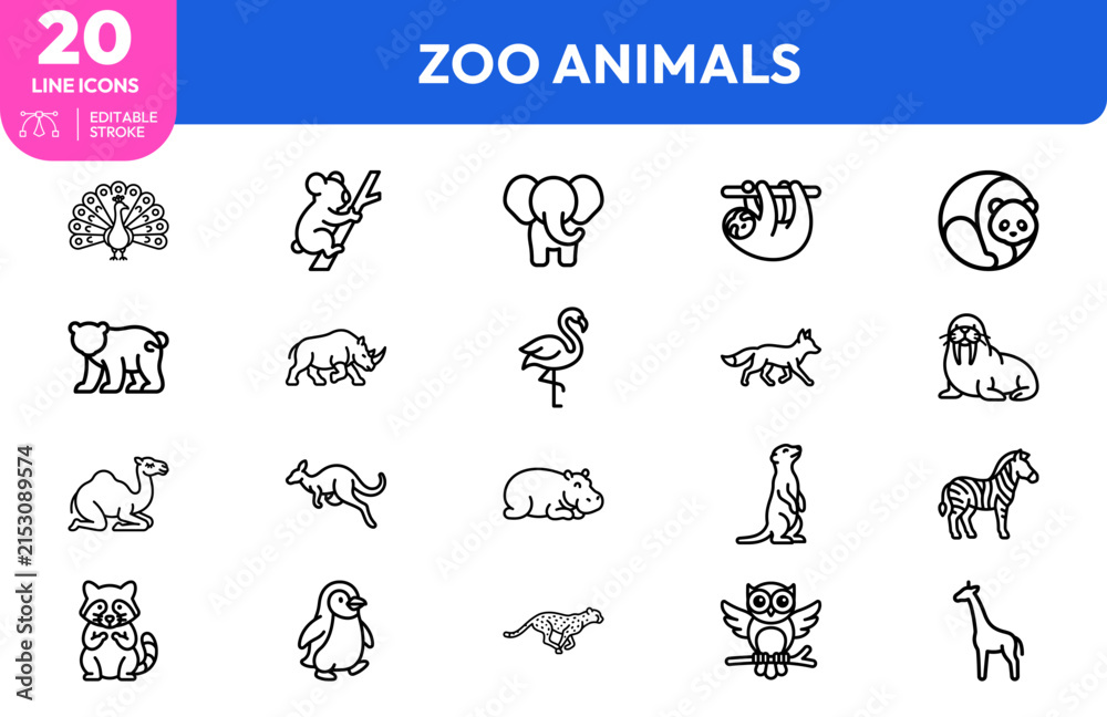 Fototapeta premium Wildlife creatures set. peacock, elephant, monkey, zebra, lion, rhinoceros, flamingo, fox, camel, kangaroo, raccoon, penguin, owl, giraffe, and hippopotamus. Editable stroke. Vector illustration.