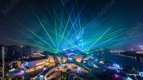 Captivating Futuristic Laser Display Illuminates a Modern Waterfront City at Night, Creating a Dynamic Holographic-style Visual Experience with Advanced Light Projections and Spectacular Illumination