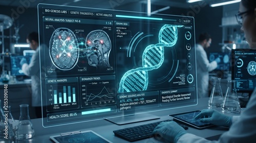 Scientist analyzing advanced medical research data on a futuristic holographic display in a high-tech laboratory environment, showcasing innovation in healthcare technology
