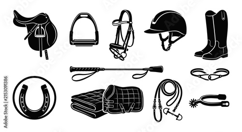 English Equestrian Tack and Horse Riding Equipment Vector Set