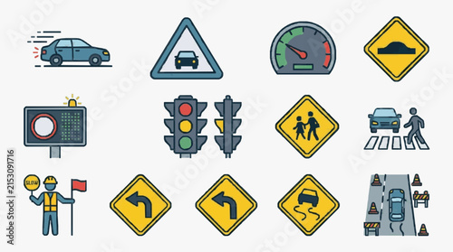 Sleek Collection of 12 Vibrant Road Safety Icons and Warning Signs with Vehicles Pedestrians Speedometer and Construction Scenes