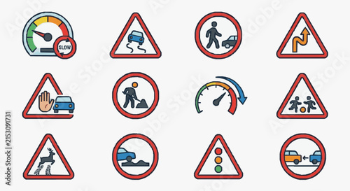 Sleek Collection of 12 Vibrant Road Safety Warning Icons with Red Borders Featuring Speedometer Vehicles Pedestrians Animals and Traffic Signals
