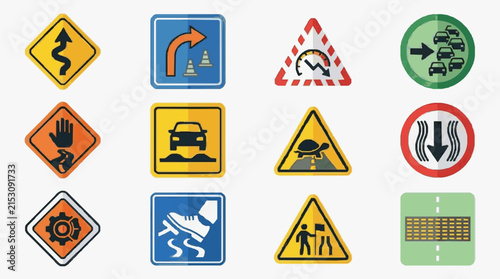 Sleek Collection of 12 Vibrant Road and Construction Warning Sign Icons with Distinct Shapes Colors and Symbols