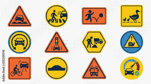 Sleek Collection of 12 Vibrant Road Safety and Warning Signs with Icons Vehicles and Pedestrians in Bold Colors