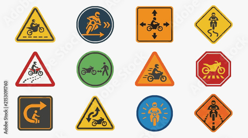 Sleek Collection of 12 Vibrant Road Signs Featuring Motorcycle Symbols in Various Shapes Colors and Directions
