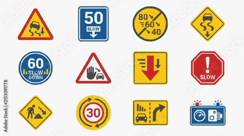 Sleek Collection of 12 Vibrant Road Signs with Speed Limits Warnings and Directions in Bold Colors