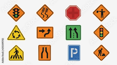 Sleek Collection of 12 Vibrant Road Signs Featuring Traffic Lights Pedestrians Parking and Directional Symbols in Orange Yellow Green Red and Blue