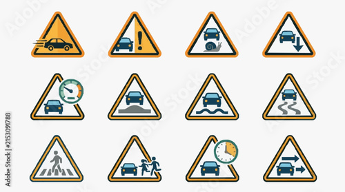 Sleek Collection of 12 Vibrant Road Warning and Safety Sign Icons with Orange Yellow Borders Featuring Vehicles Pedestrians Speedometer Clock and Hazard Symbols