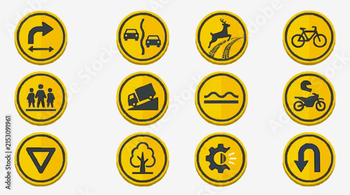 Sleek Collection of 12 Vibrant Yellow Road and Traffic Warning Sign Icons with Bold Black Symbols Featuring Vehicles Animals and Directions