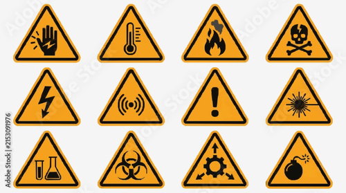 Sleek Collection of 12 Vibrant Yellow Orange Triangle Warning Signs with Black Symbols for Safety and Hazard Communication