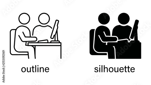 Two people working on computer, outline and silhouette icon